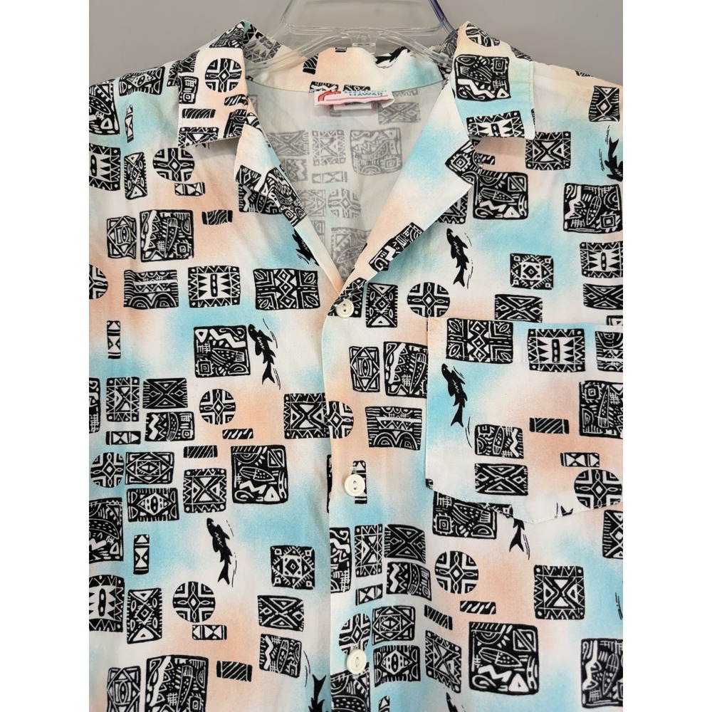 Vtg Malihini Hawaii Shirt Men's XL Cotton Hawaiian Tribal Shark Print
